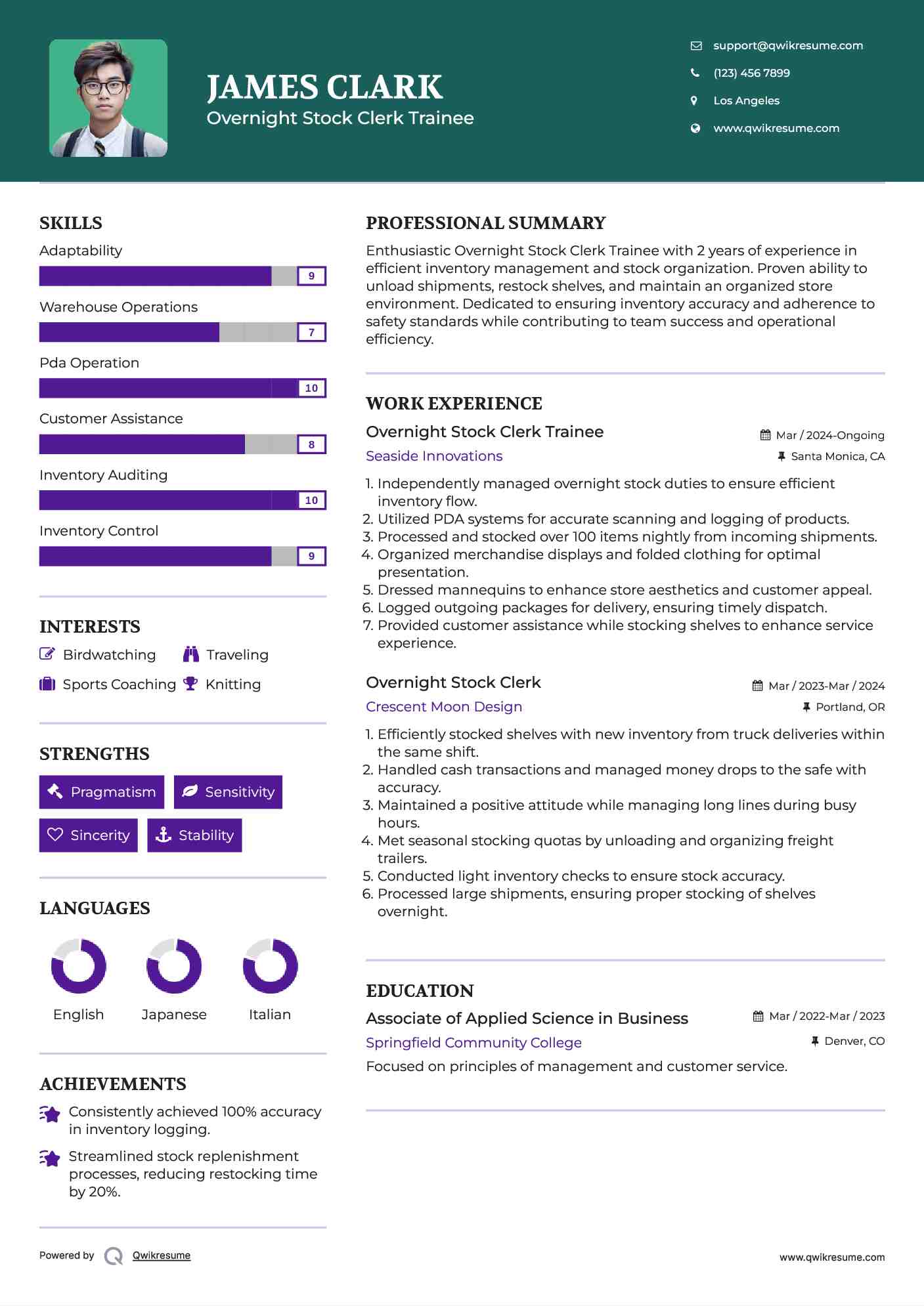 Overnight Stock Clerk Trainee Resume Example