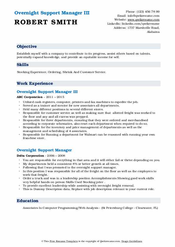 Overnight Support Manager Resume Samples QwikResume