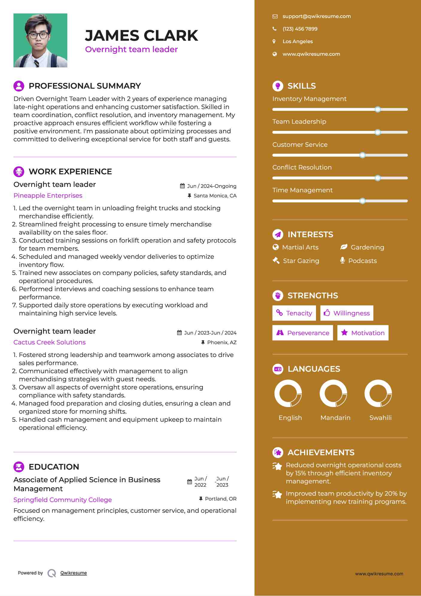 Overnight team leader Resume Format