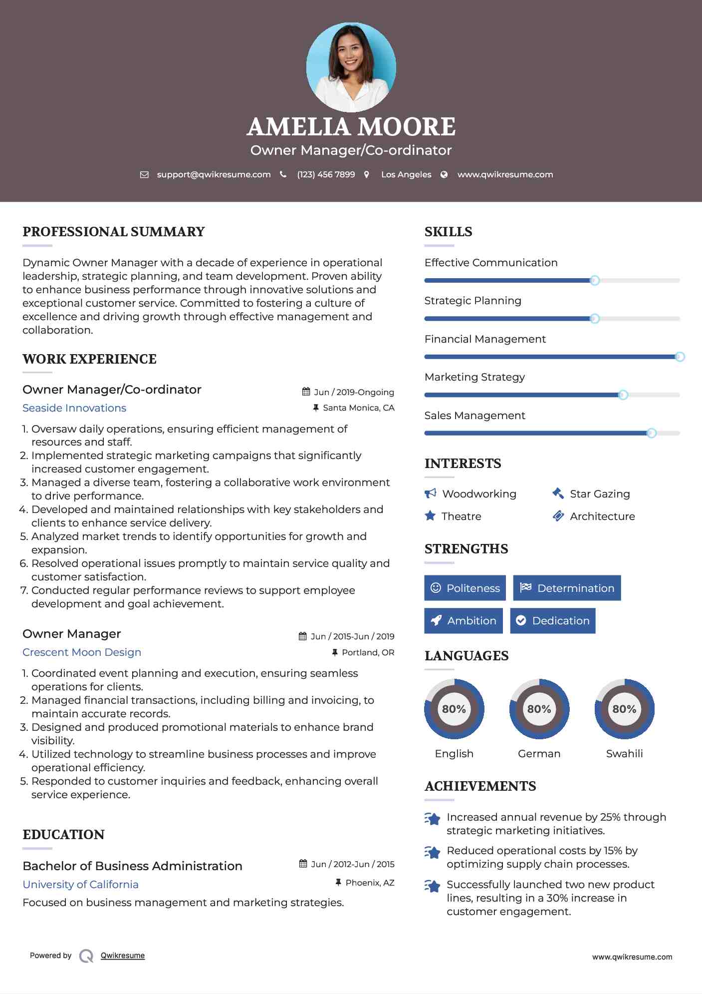 Owner Manager/Co-ordinator Resume Template