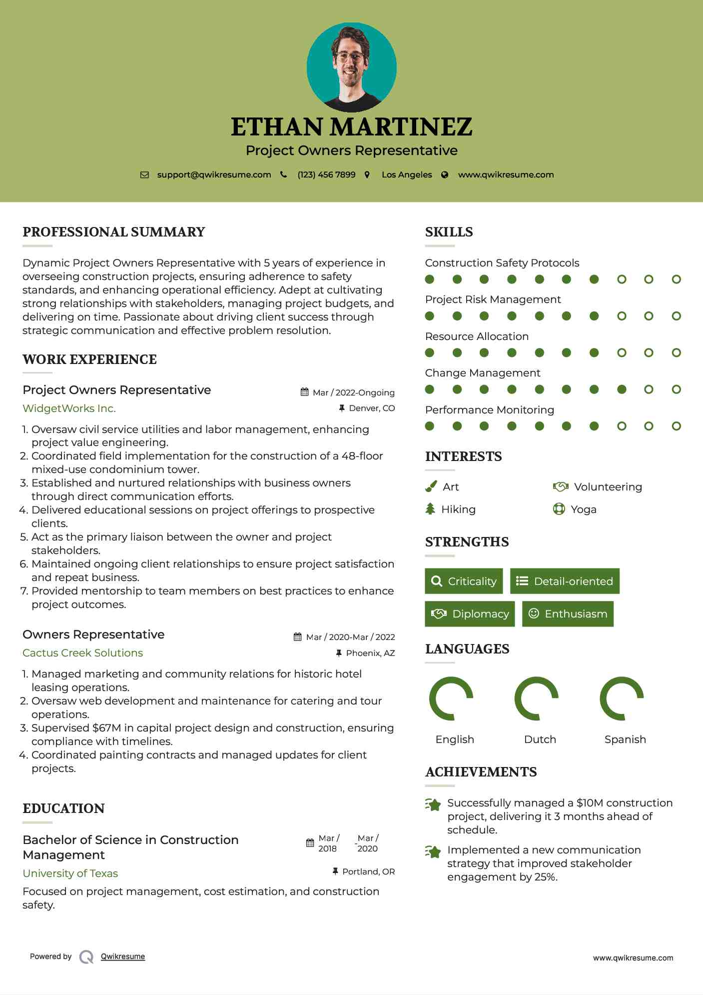 Project Owners Representative Resume Sample