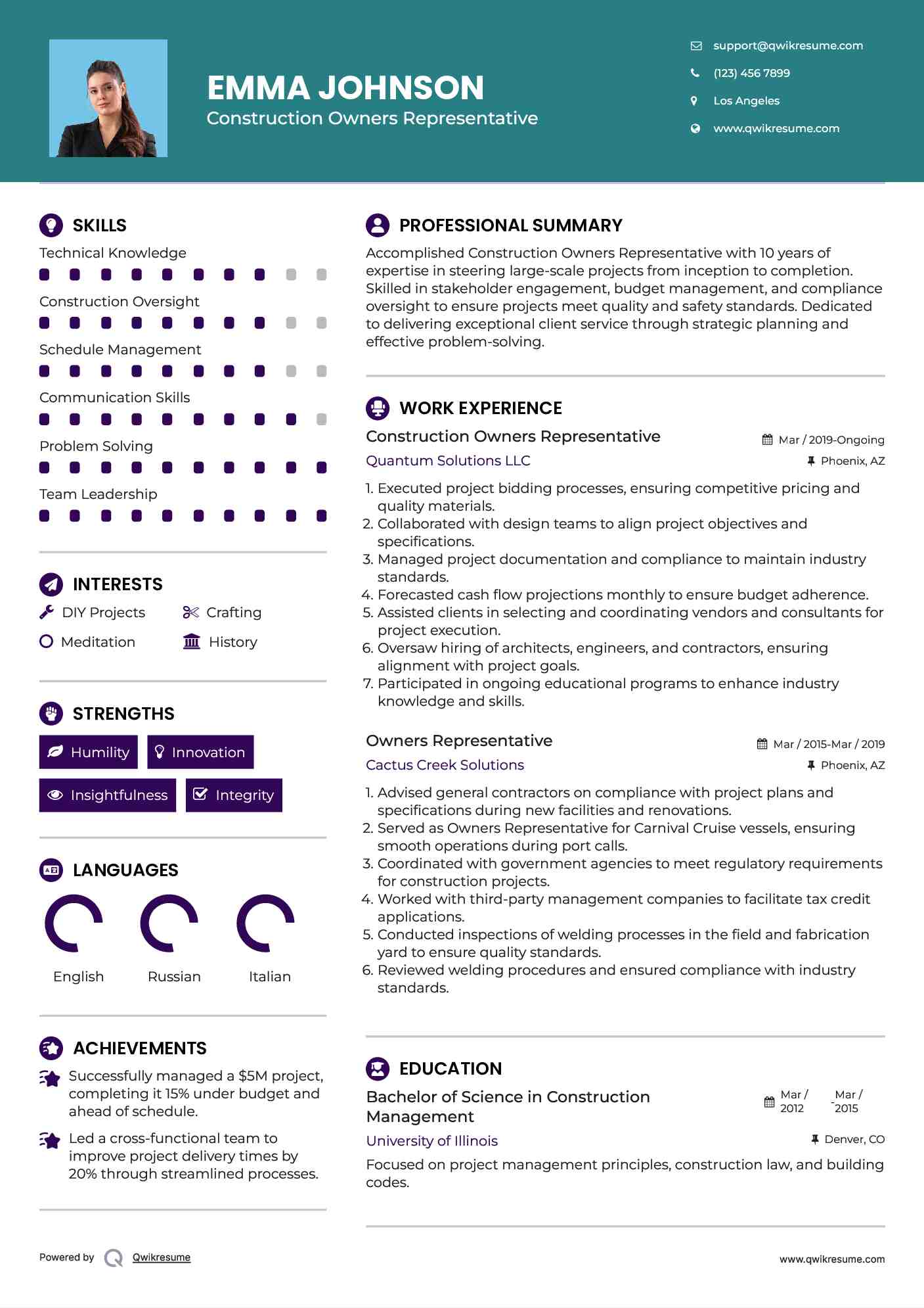 Construction Owners Representative Resume Sample