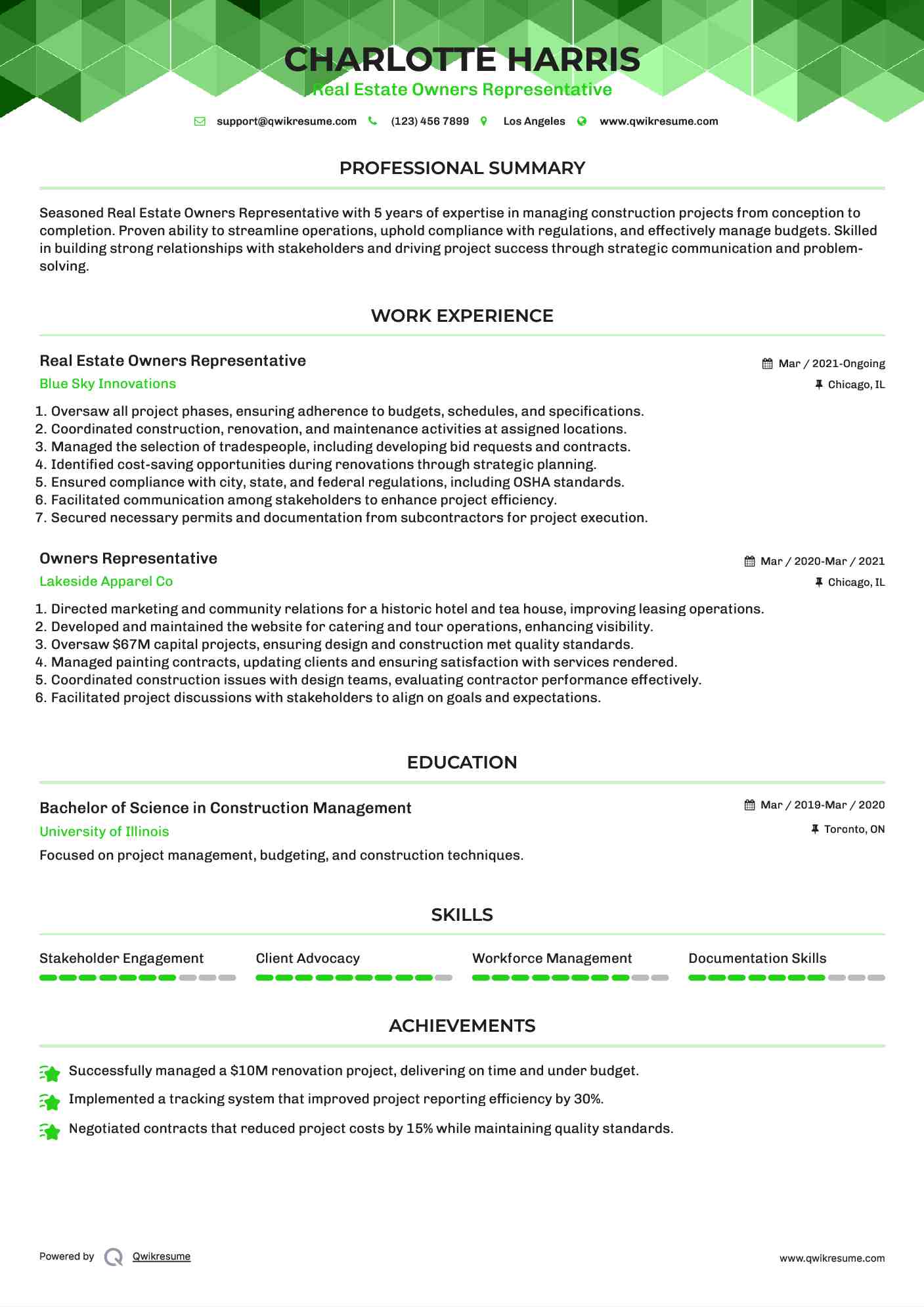 Real Estate Owners Representative Resume Example