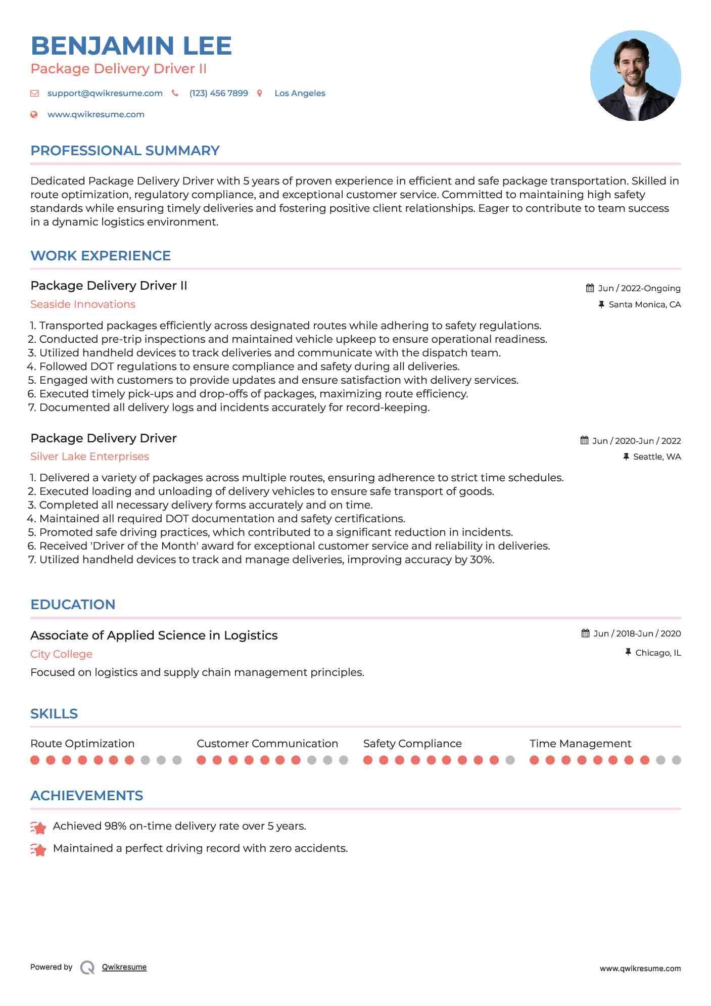 Package Delivery Driver II Resume Sample