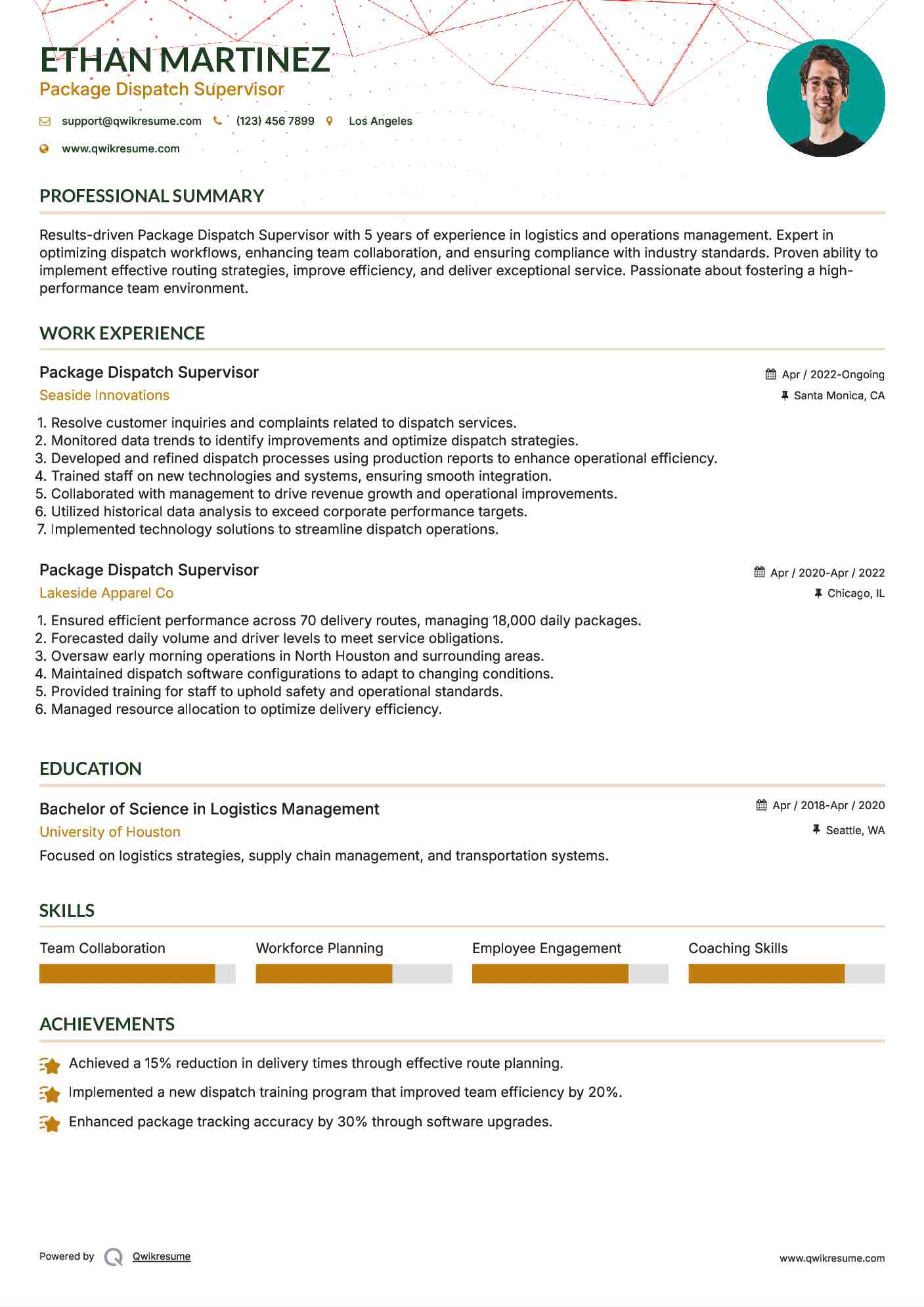 Package Dispatch Supervisor Resume Sample