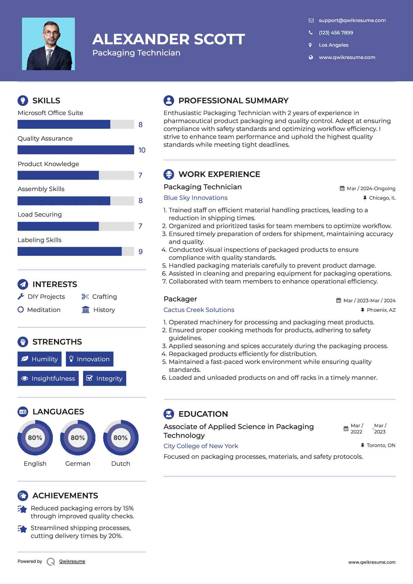 Packaging Technician Resume Example