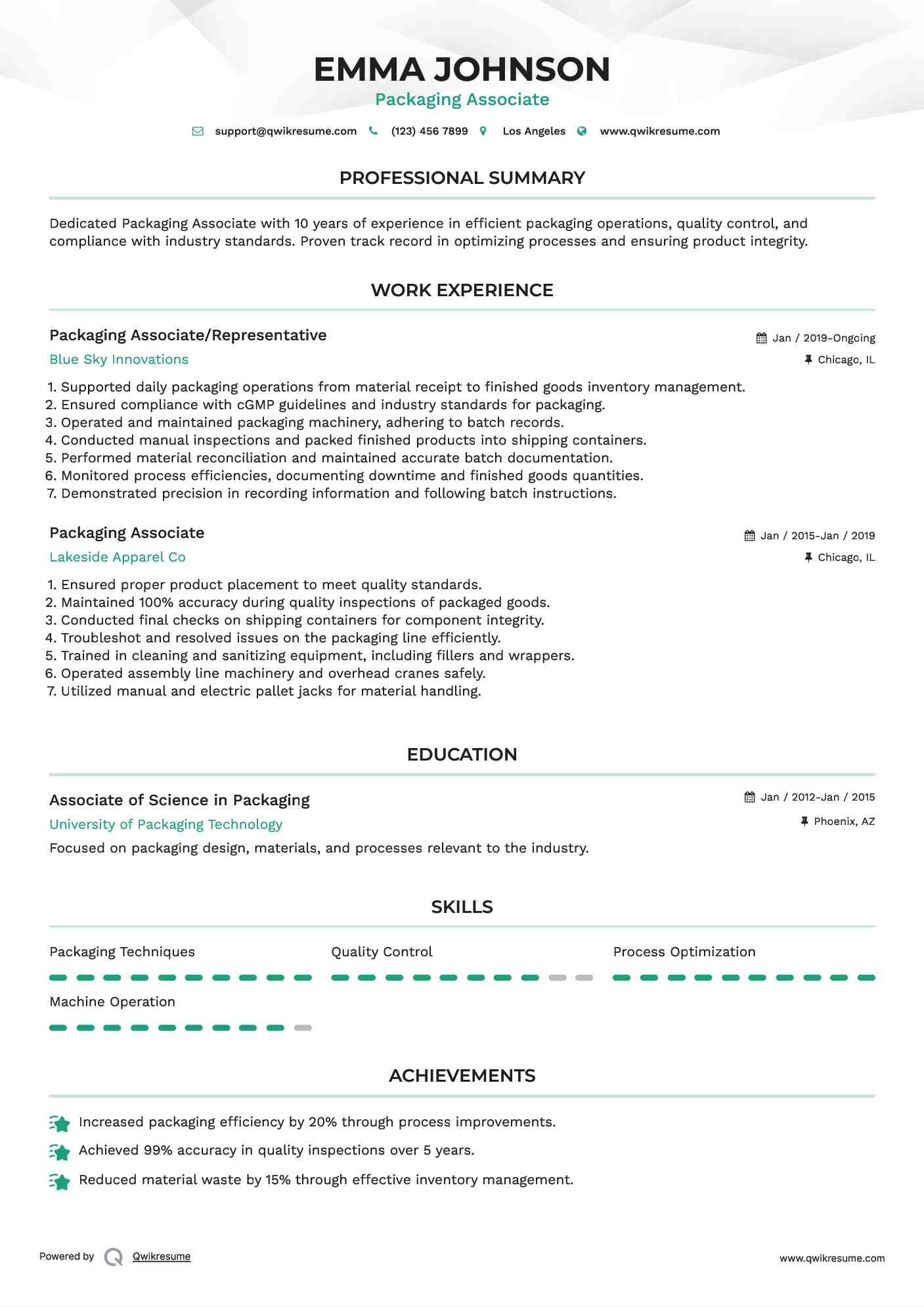 Packaging Associate/Representative Resume Example