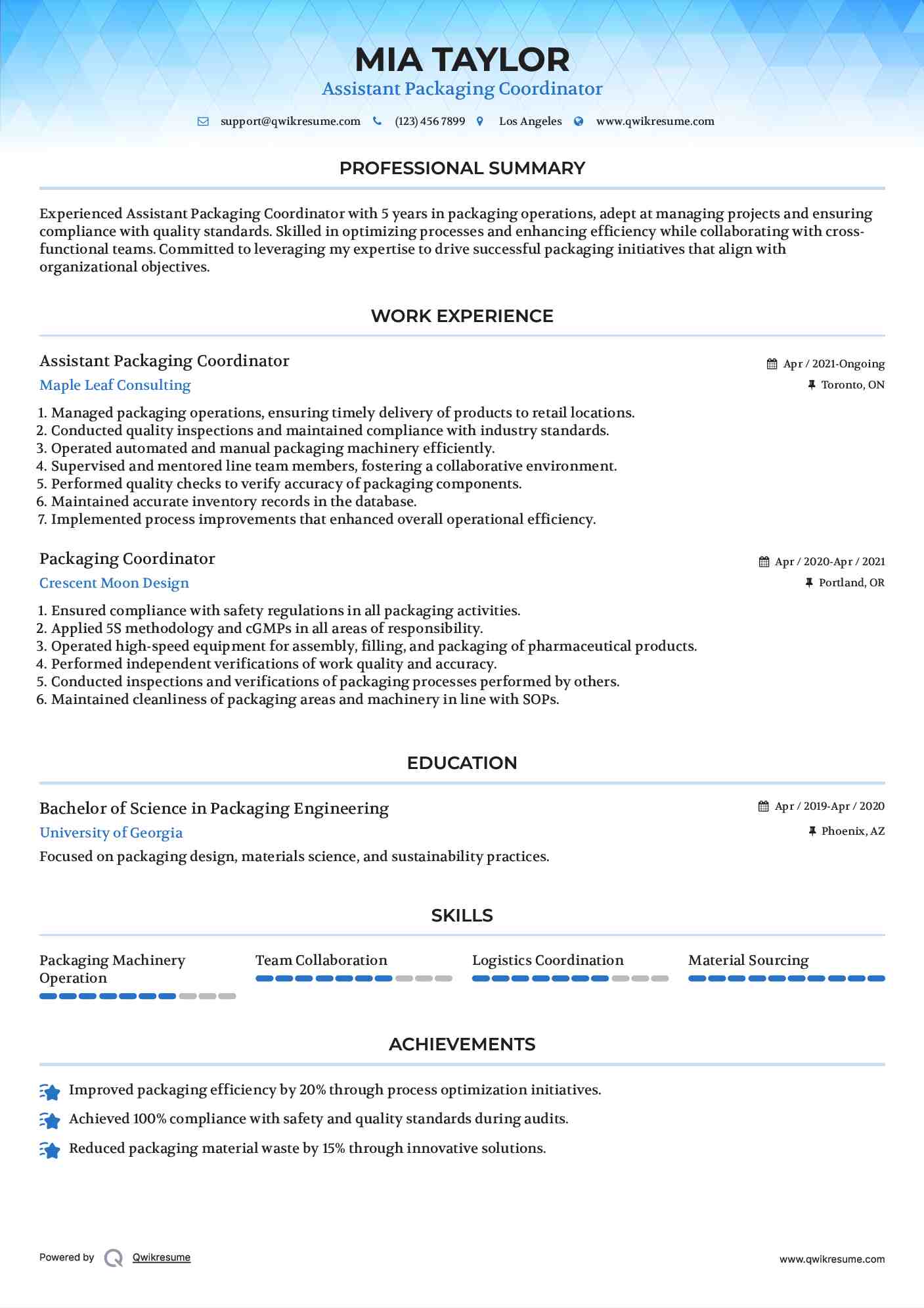 Assistant Packaging Coordinator Resume Format
