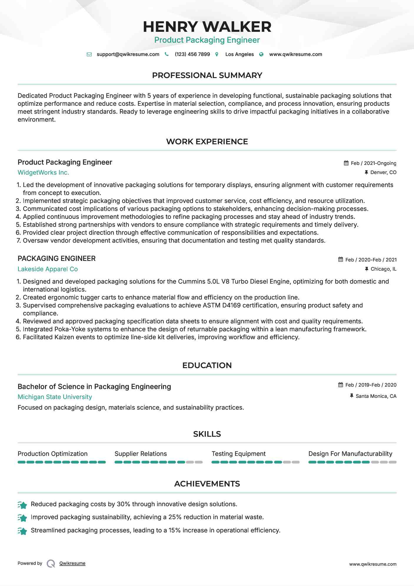 Product Packaging Engineer Resume Model