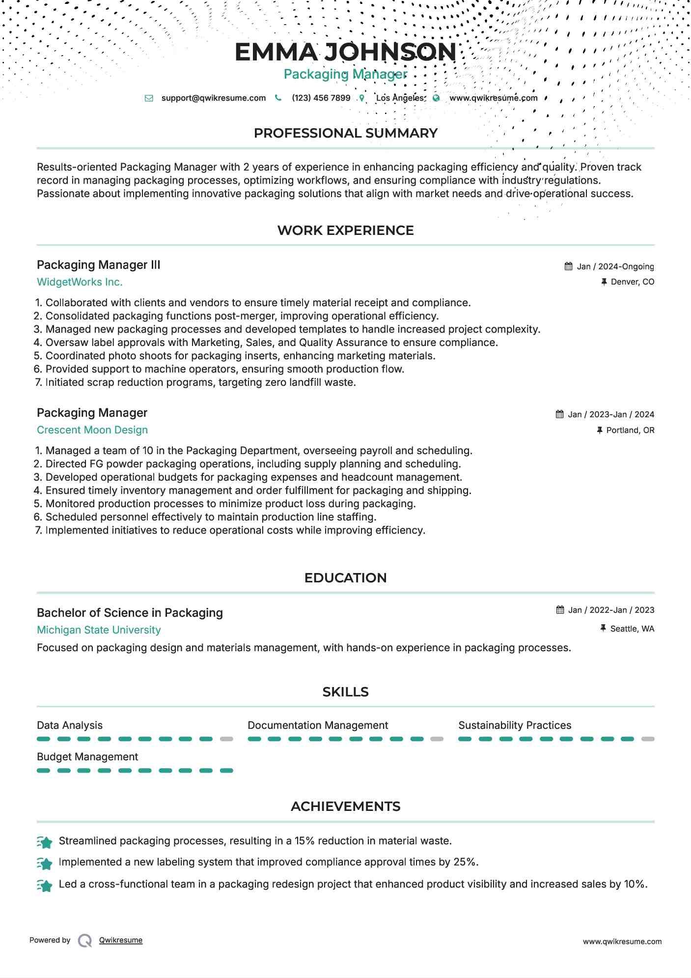 Packaging Manager III Resume Example