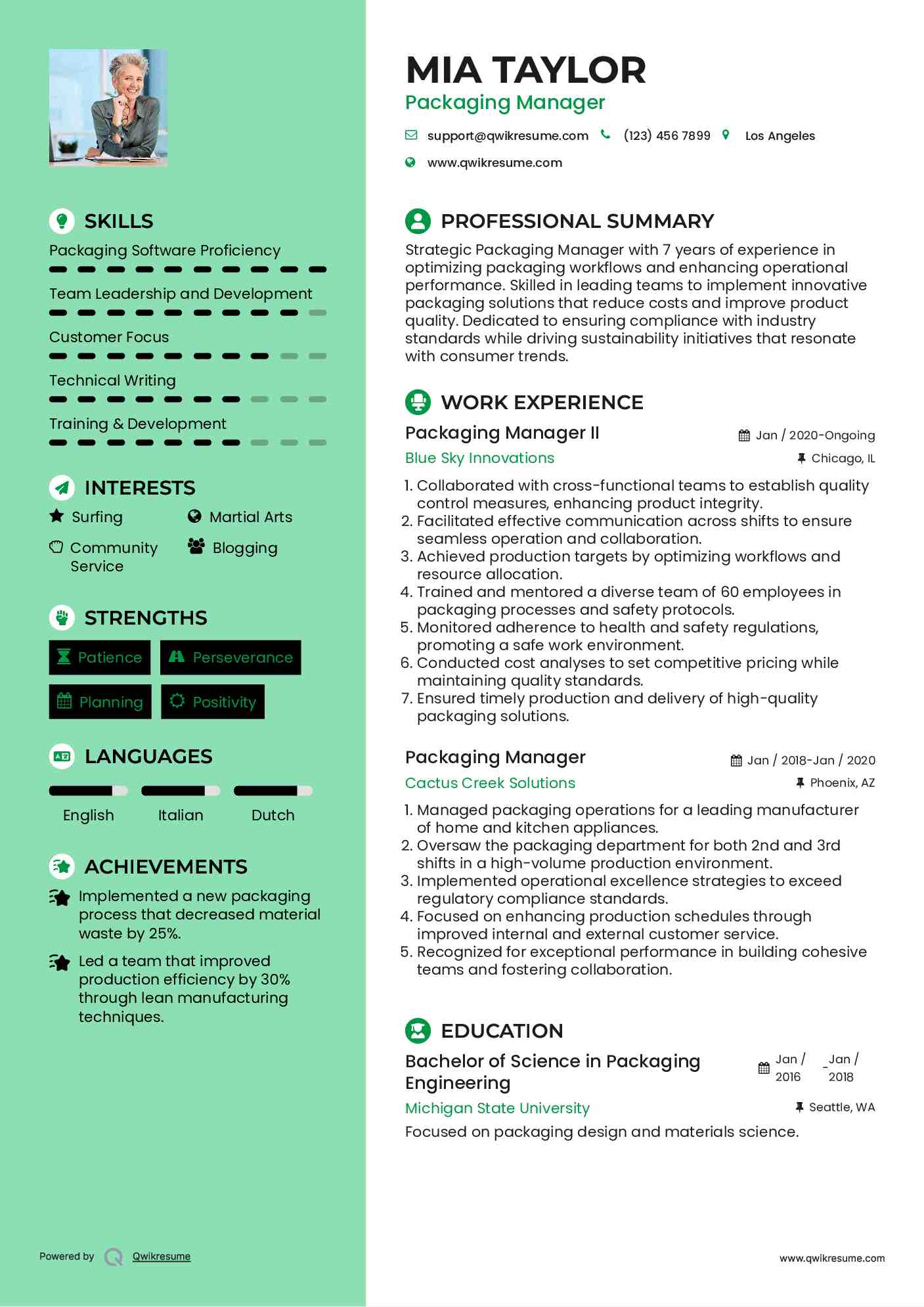 Packaging Manager II Resume Format