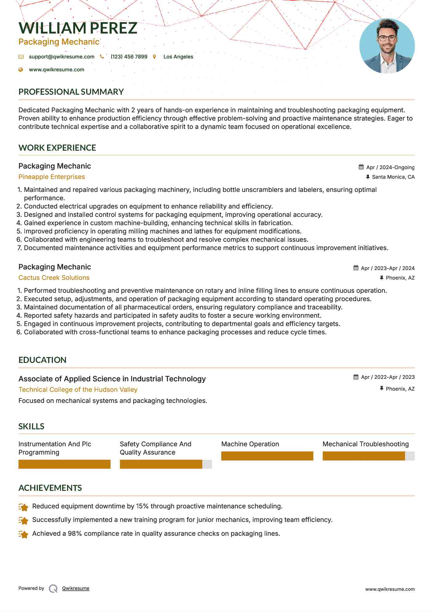 Packaging Mechanic Resume Example