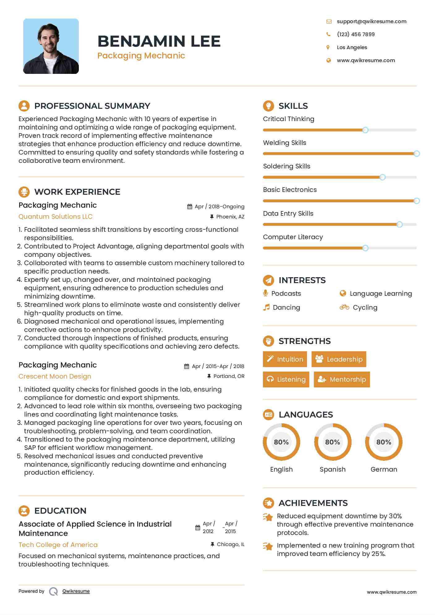Packaging Mechanic Resume Template