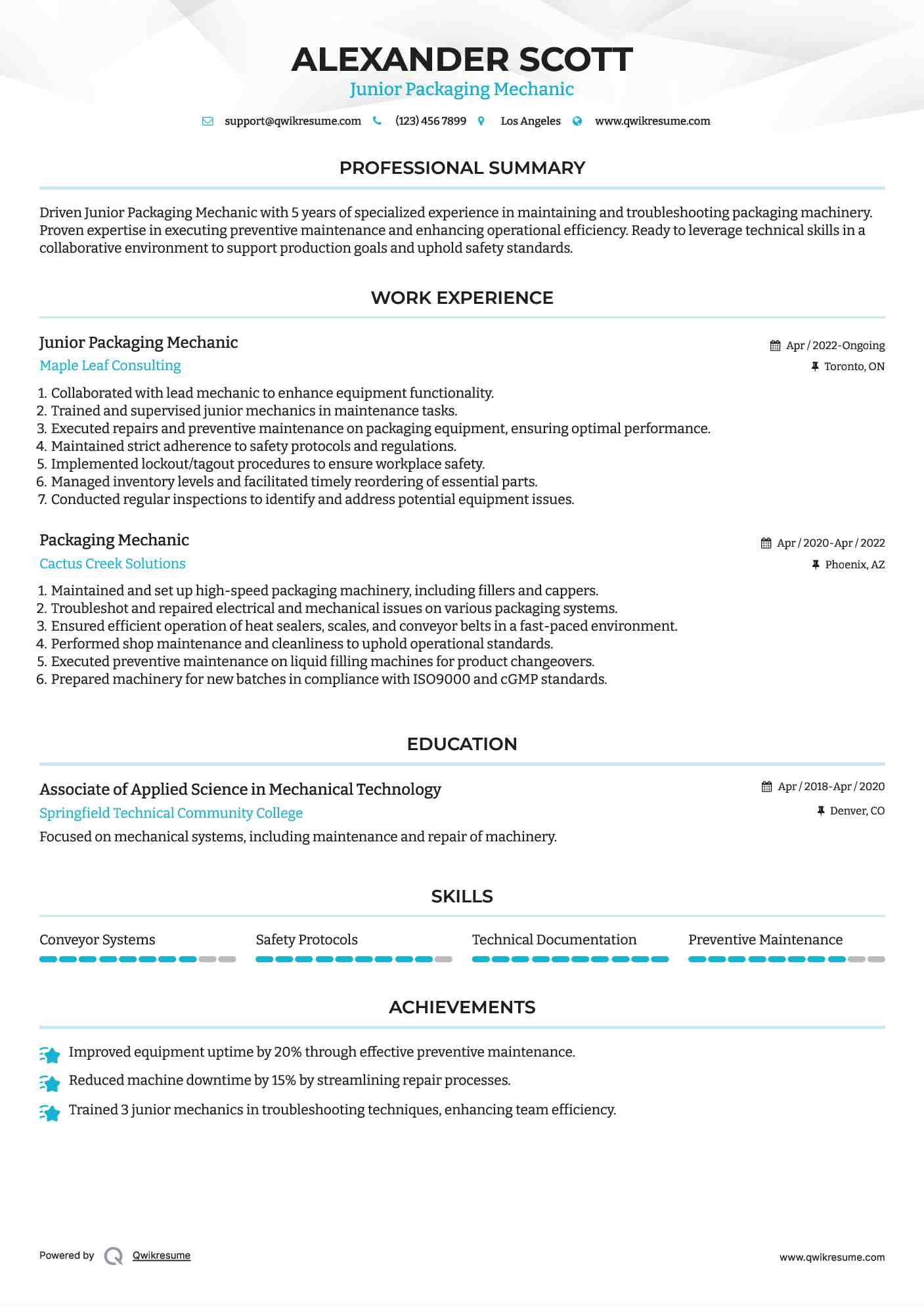 Junior Packaging Mechanic Resume Template