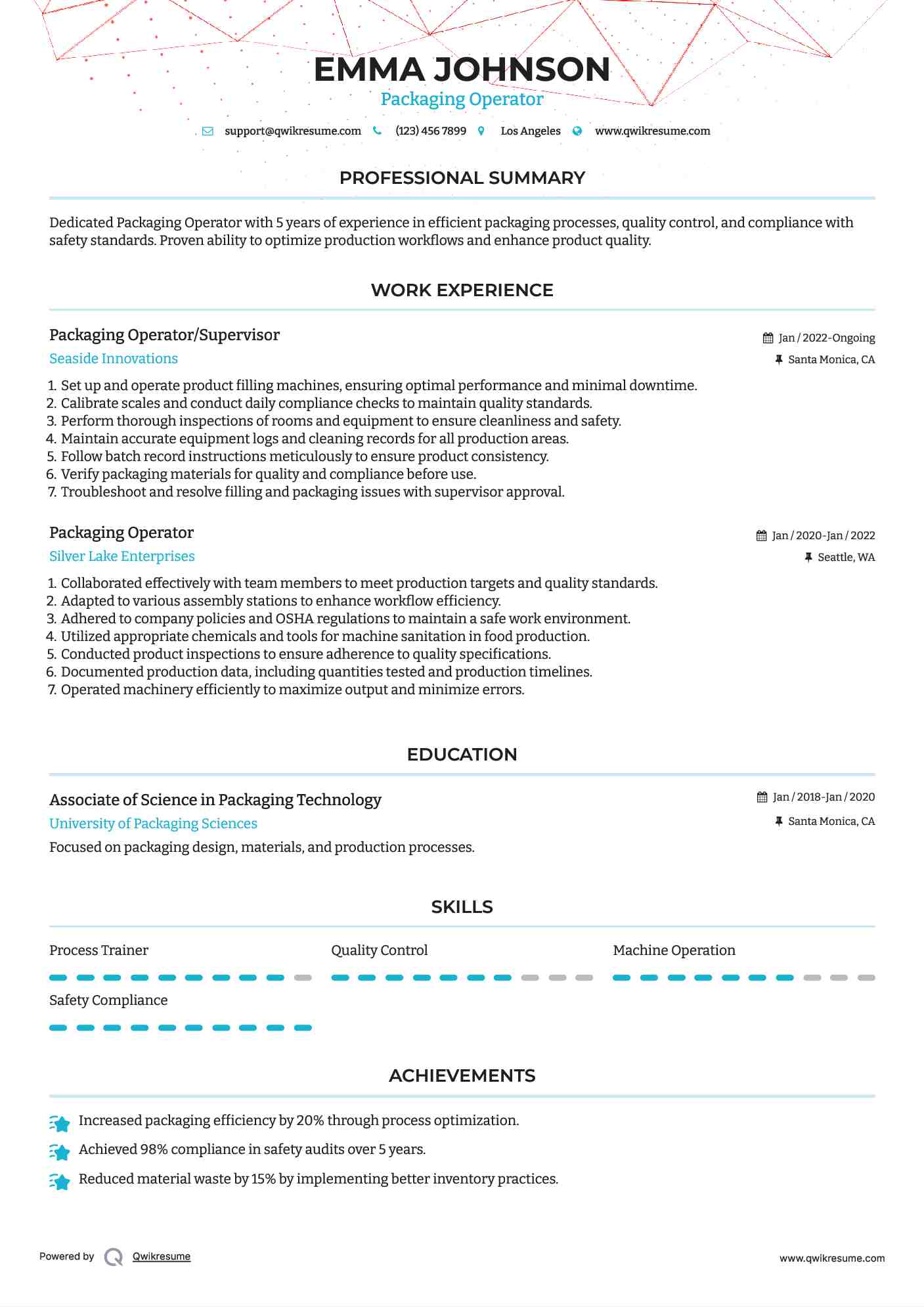 Packaging Operator/Supervisor Resume Format