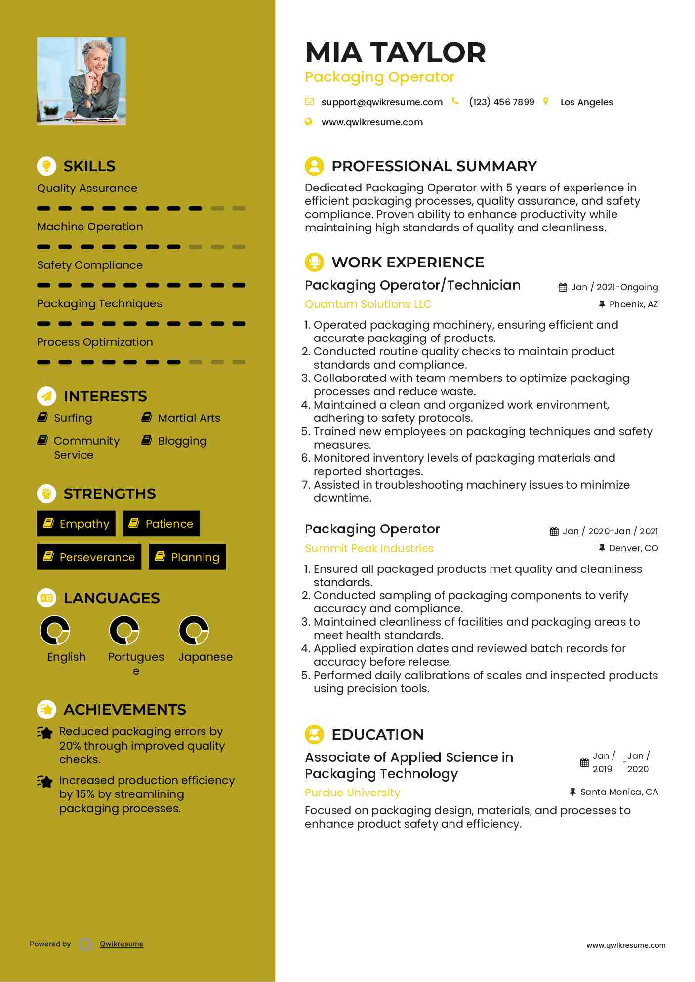 Packaging Operator Resume Samples QwikResume
