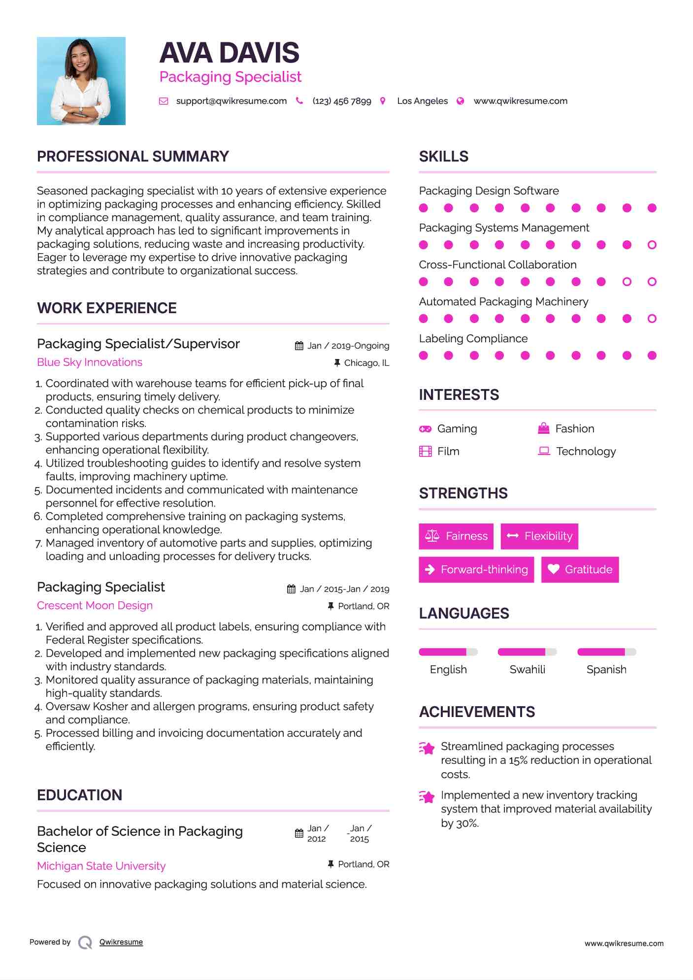 Packaging Specialist/Supervisor Resume Format