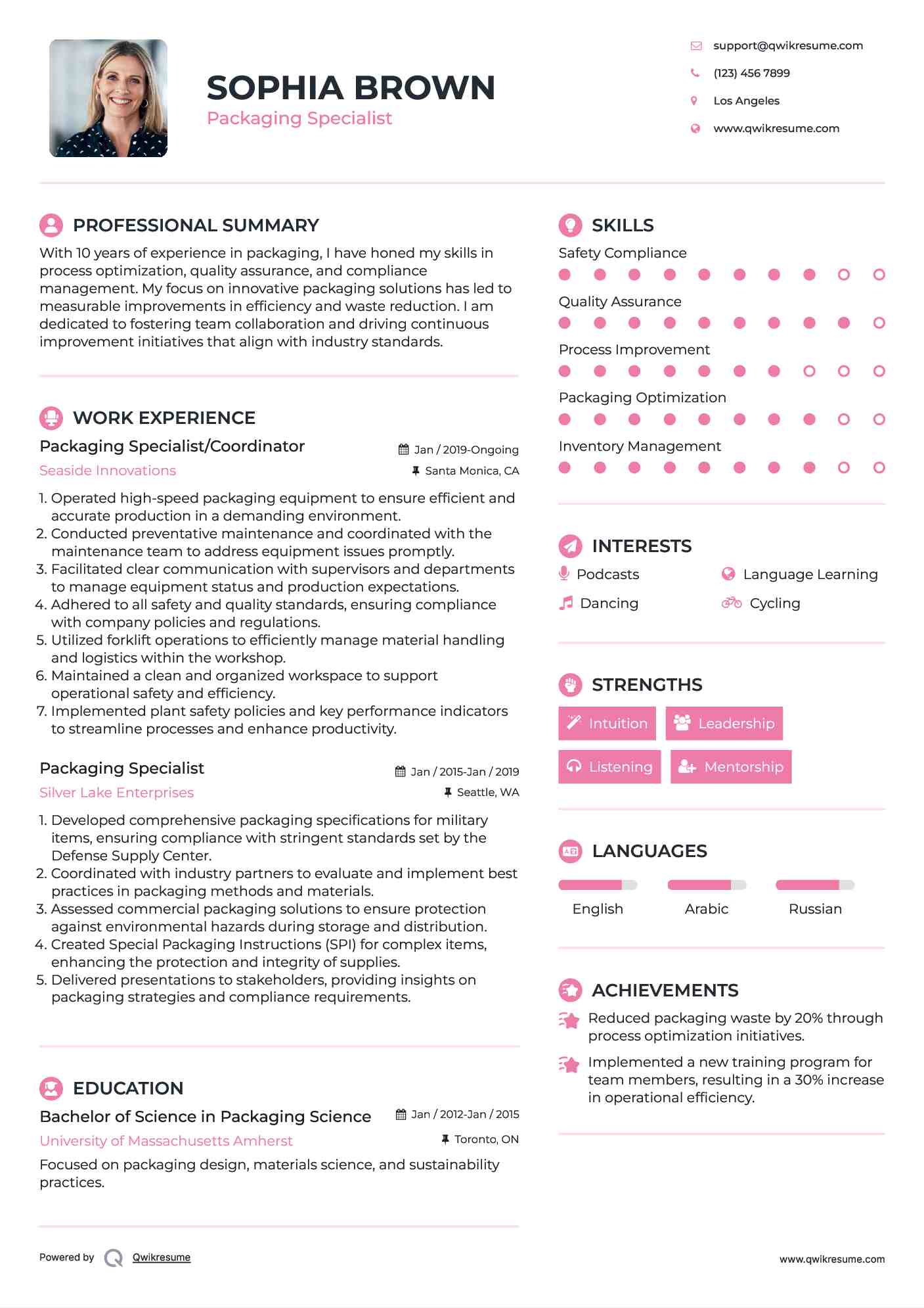 Packaging Specialist/Coordinator Resume Sample