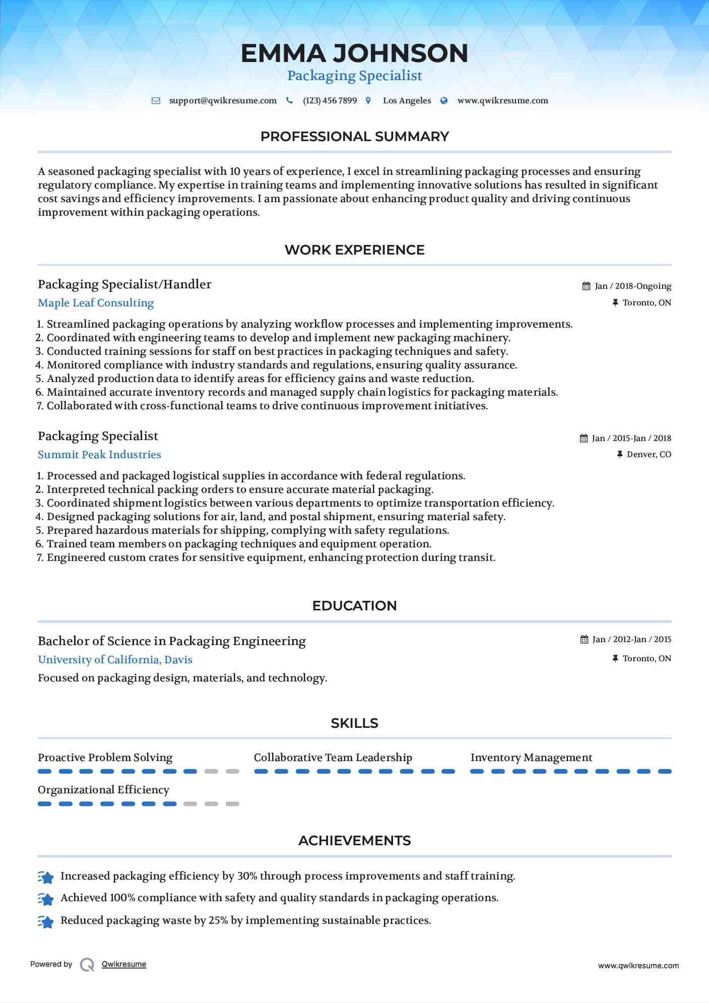 Packaging Specialist/Handler Resume Model