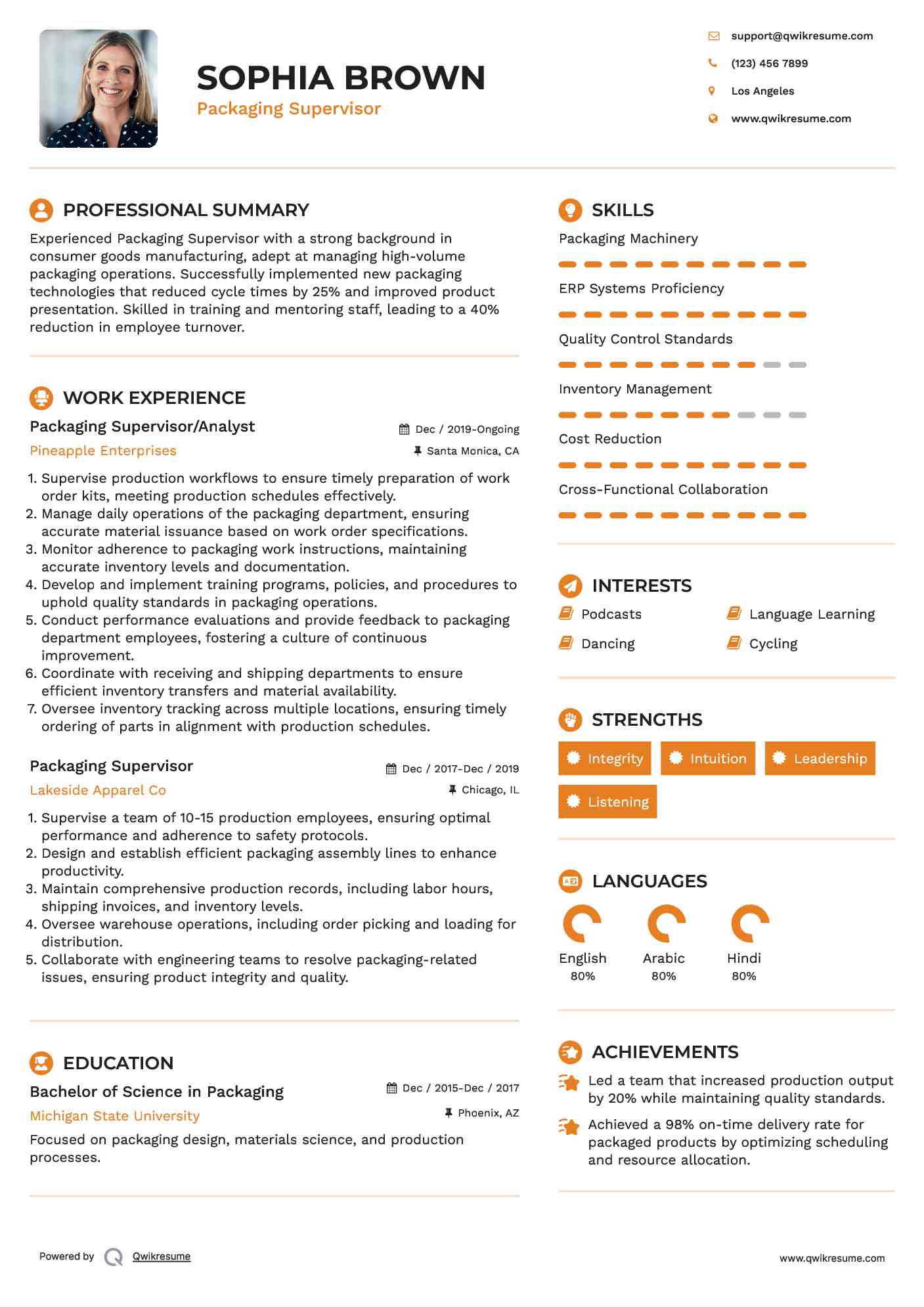 Packaging Supervisor Resume Samples QwikResume