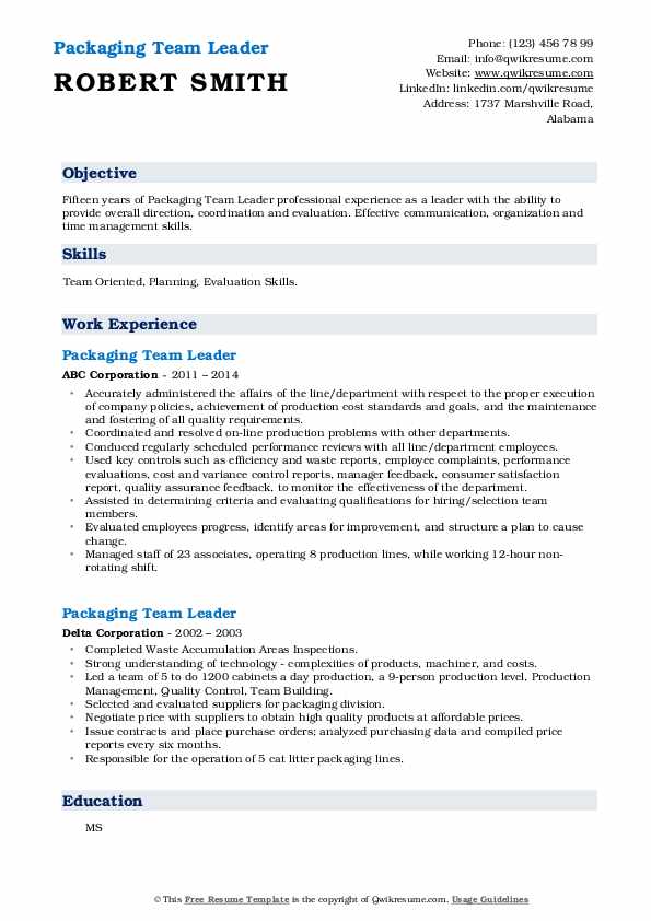 Packaging Team Leader Resume Samples QwikResume