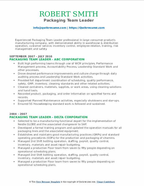Packaging Team Leader Resume Samples QwikResume