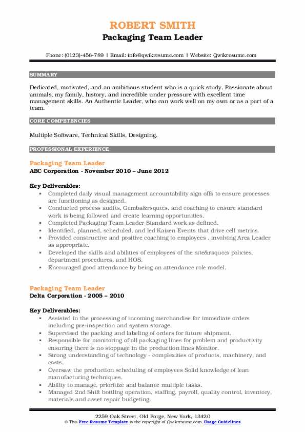 Packaging Team Leader Resume Samples QwikResume