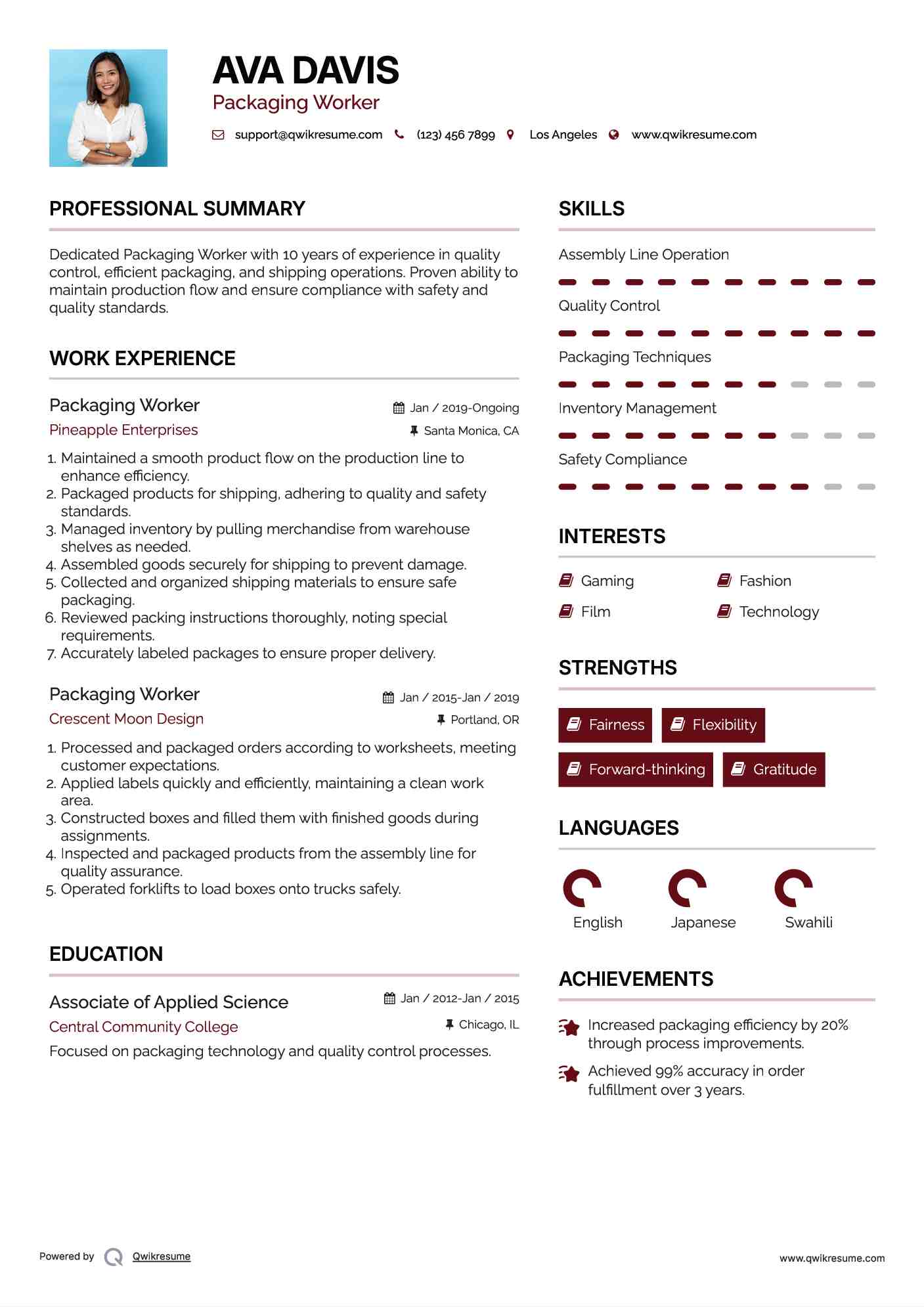 Packaging Worker Resume Format