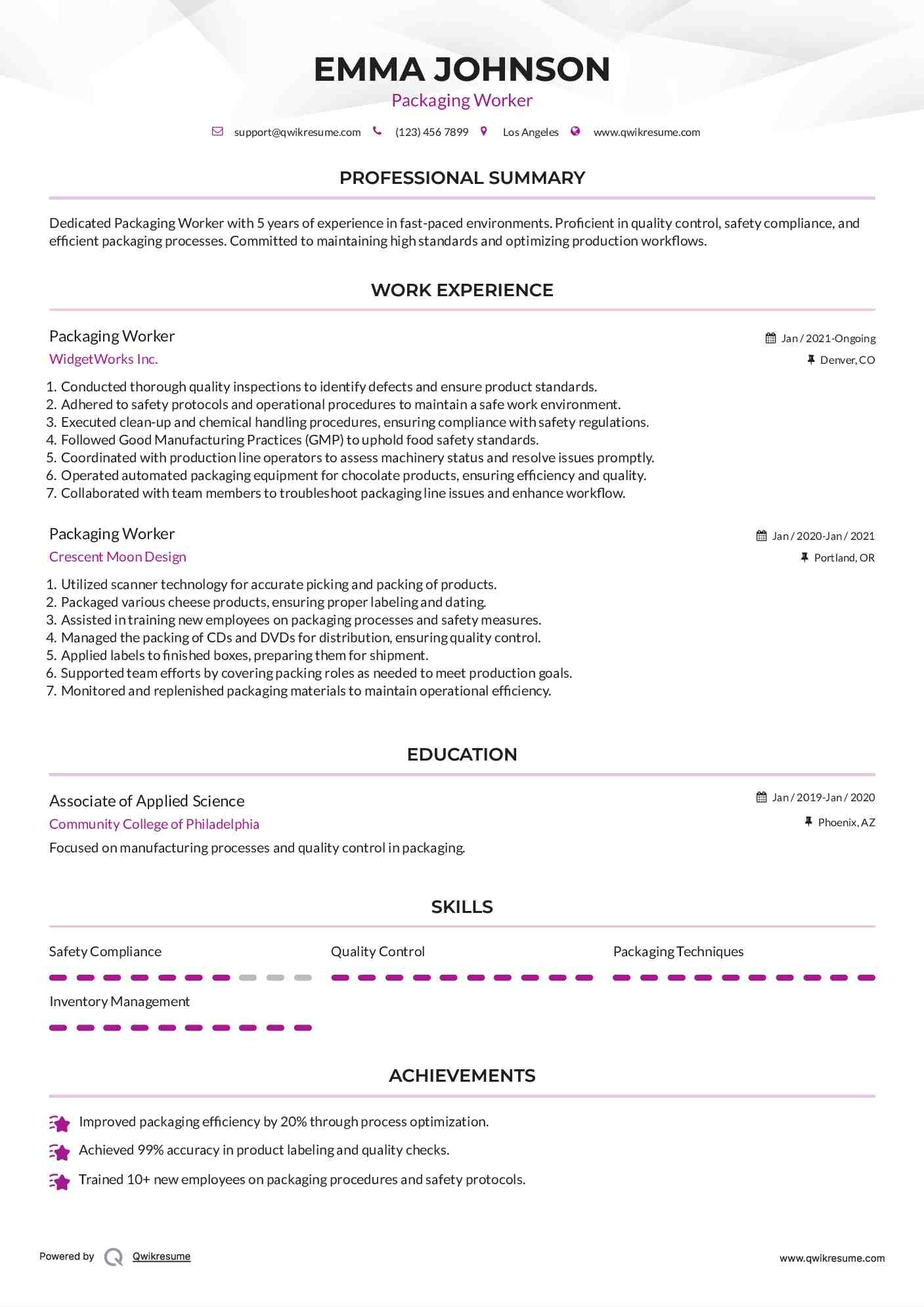 Packaging Worker Resume Template