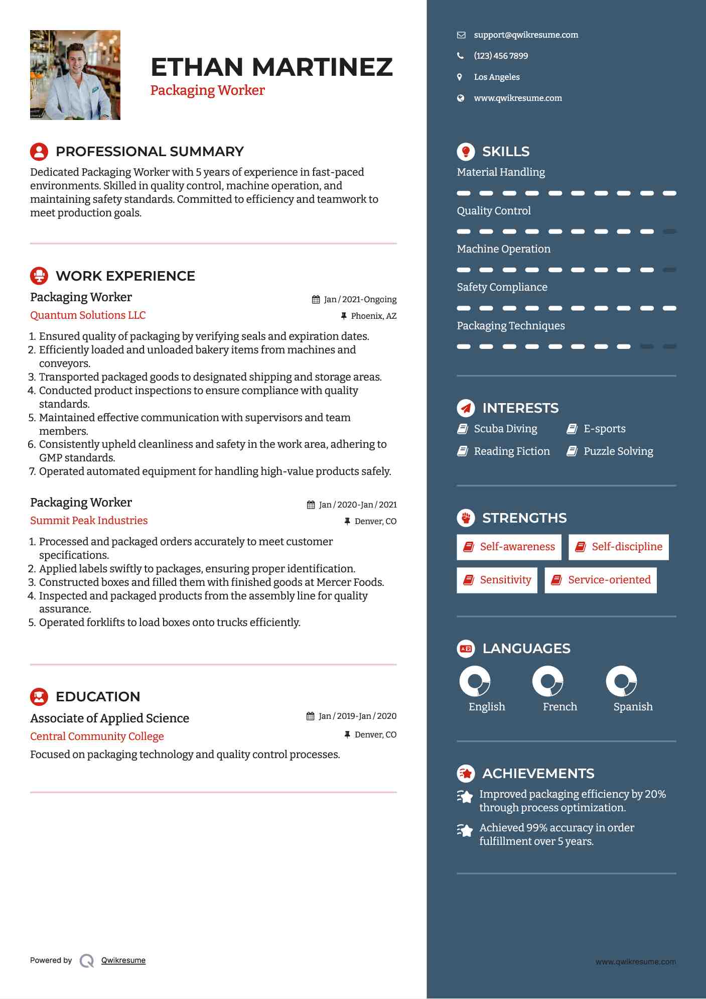 Packaging Worker Resume Example