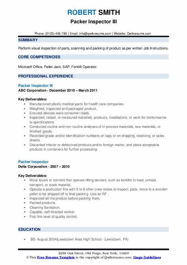 Packer Inspector Resume Samples QwikResume
