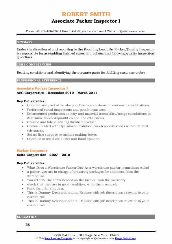Packer Inspector Resume Samples QwikResume