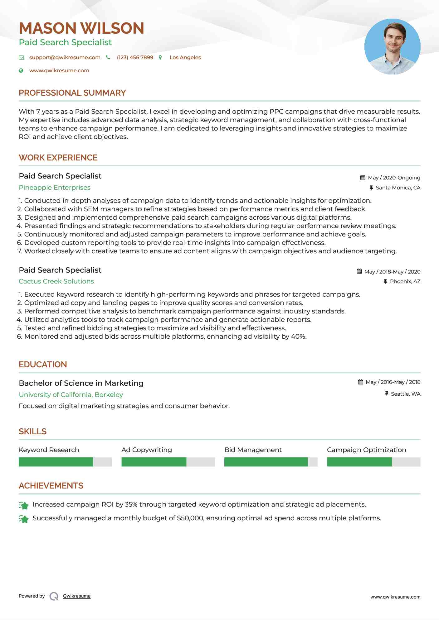 Paid Search Specialist Resume Example
