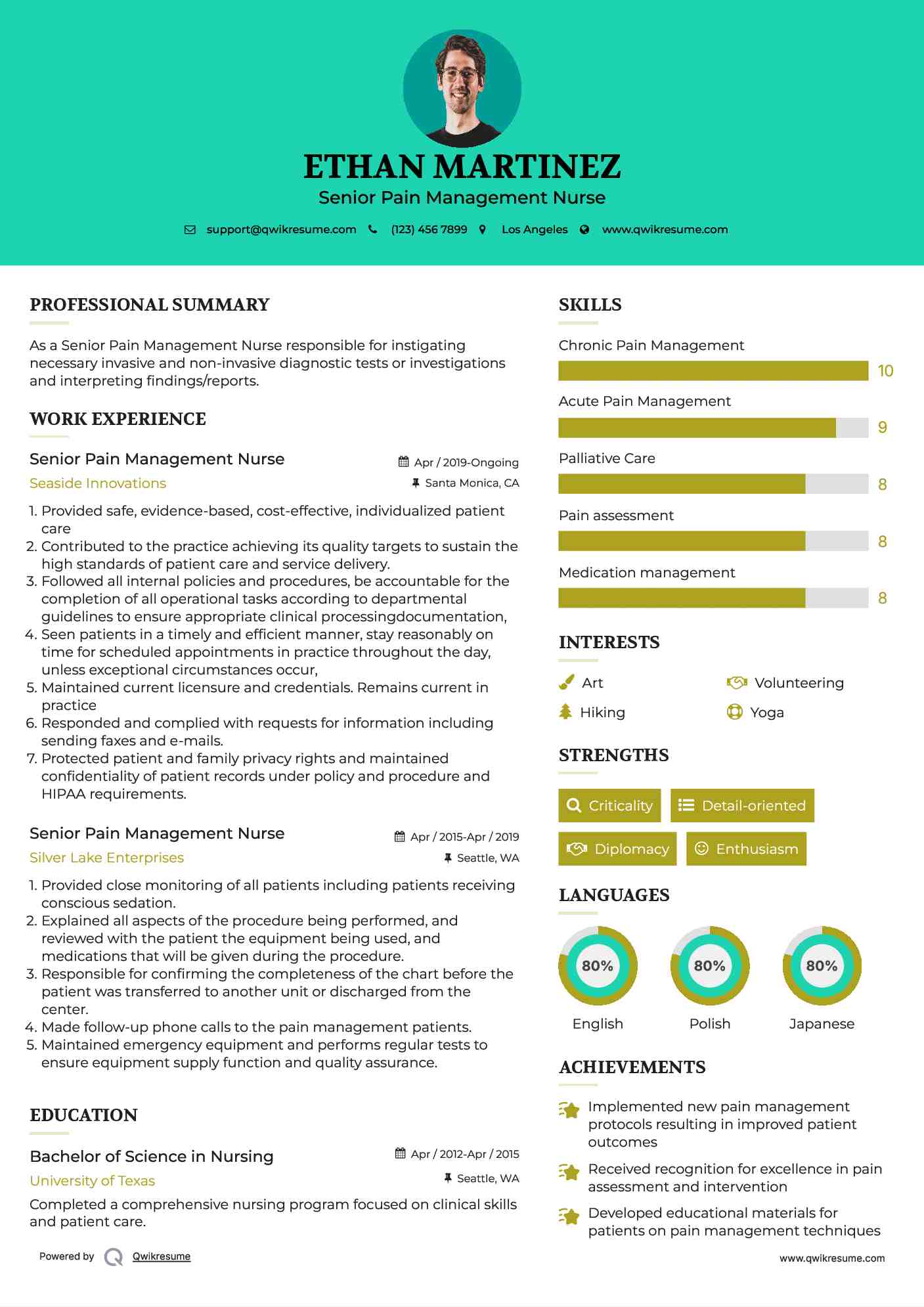Senior Pain Management Nurse Resume Example
