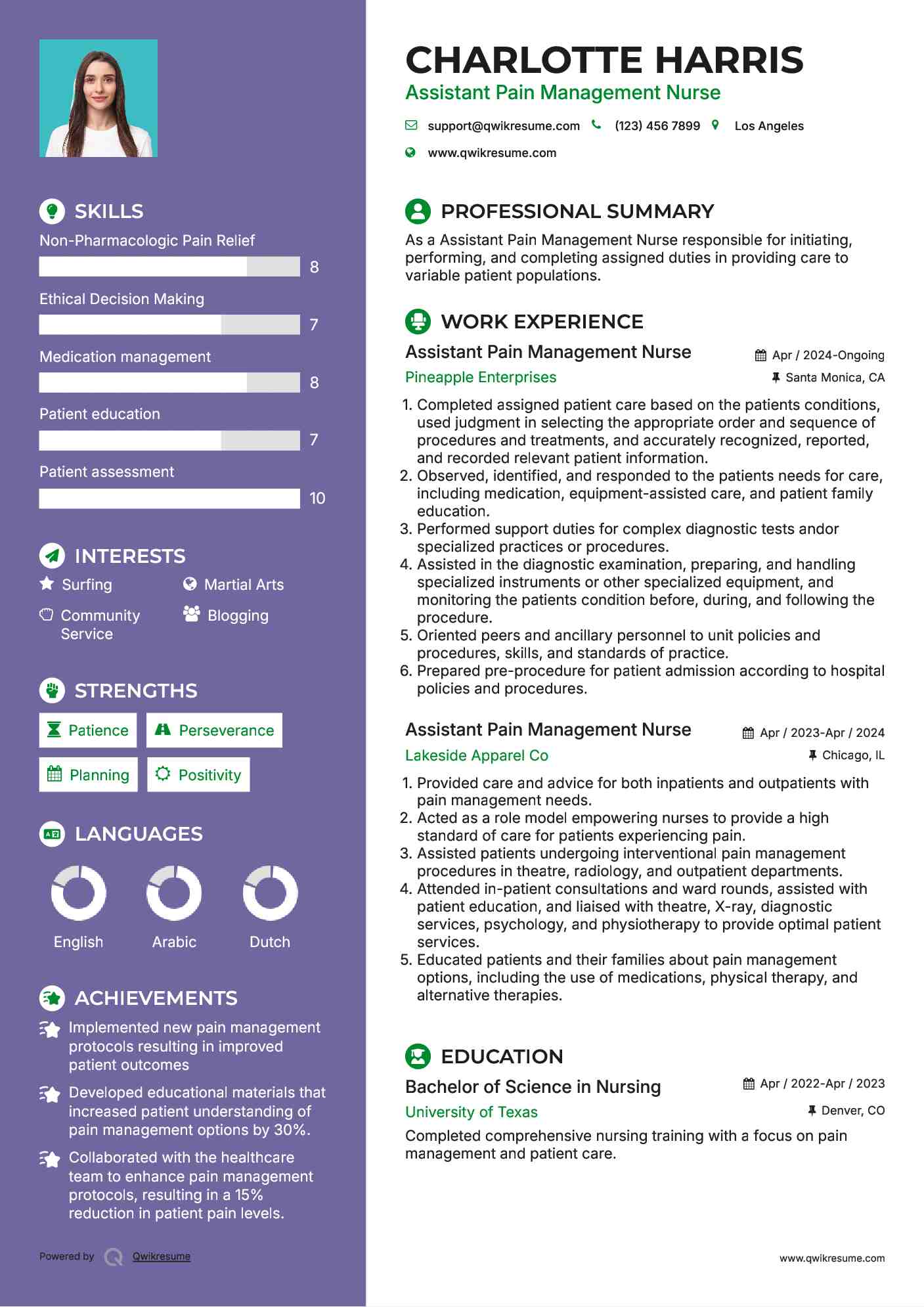 Assistant Pain Management Nurse Resume Format