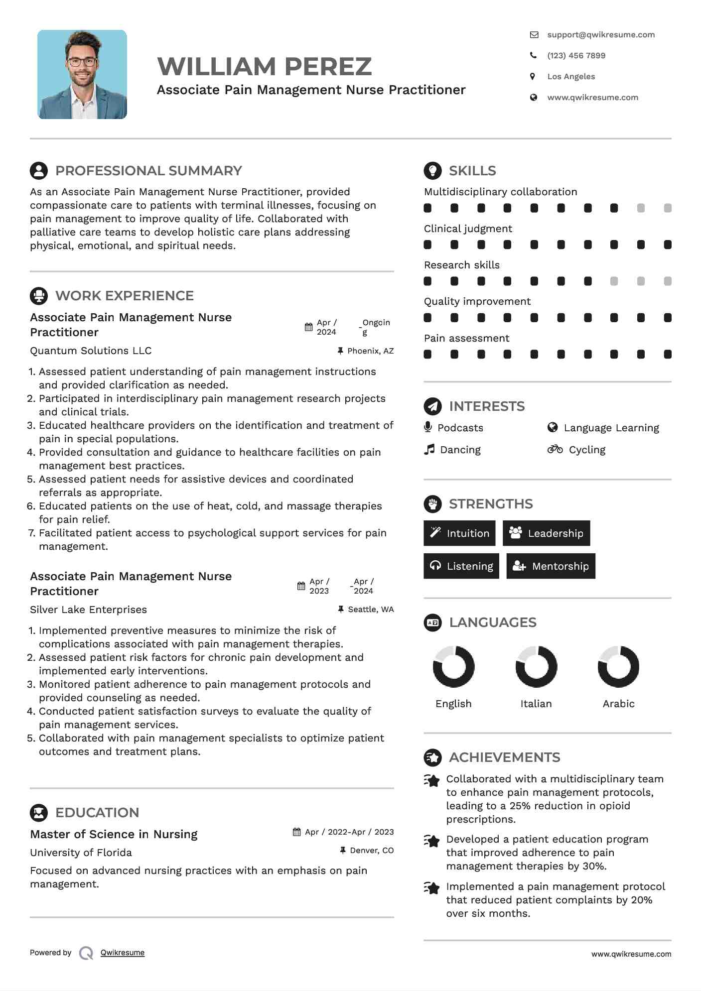 Associate Pain Management Nurse Practitioner Resume Example