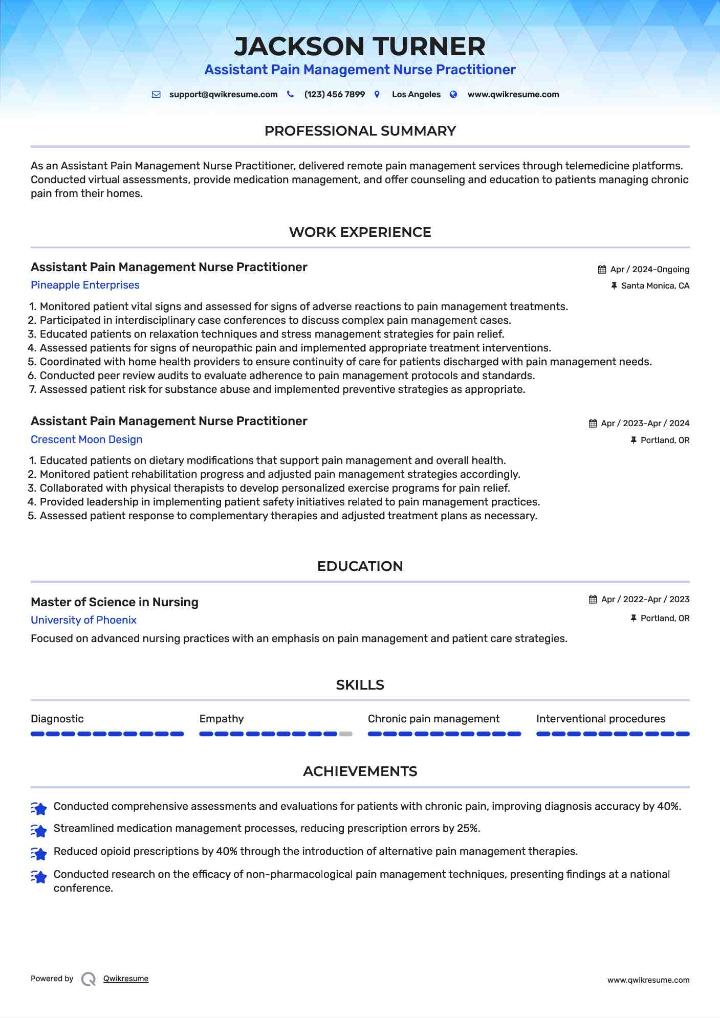Assistant Pain Management Nurse Practitioner Resume Format