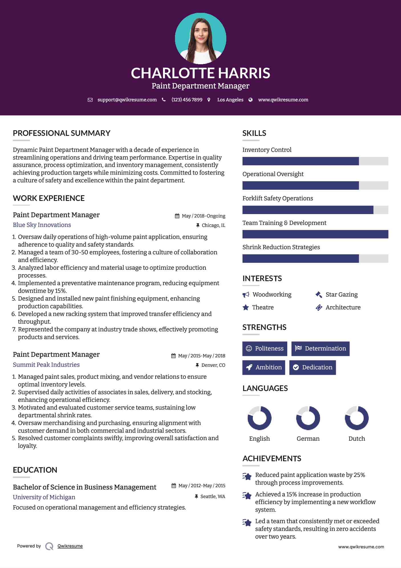 Paint Department Manager Resume Samples QwikResume