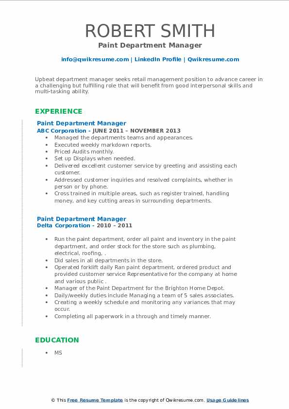 Paint Department Manager Resume Samples QwikResume
