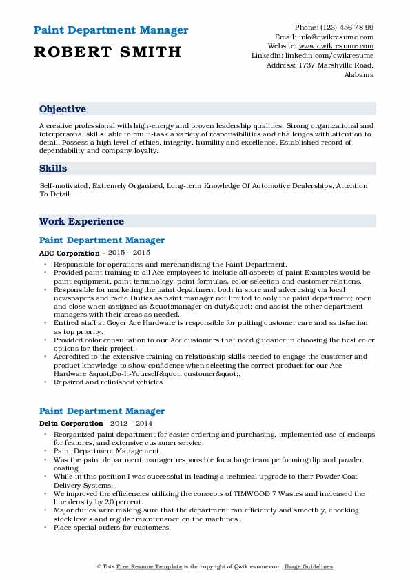 Paint Department Manager Resume Samples QwikResume