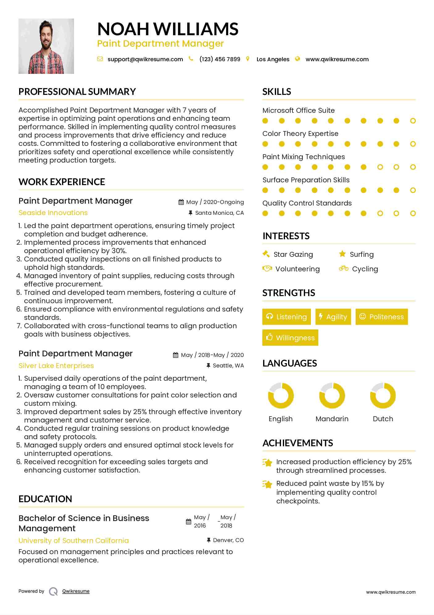 Paint Department Manager Resume Model