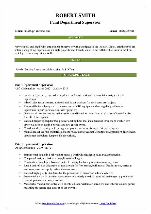 Paint Department Supervisor Resume Samples QwikResume