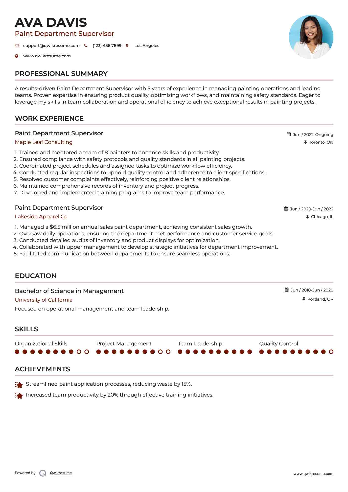 Paint Department Supervisor Resume Samples QwikResume