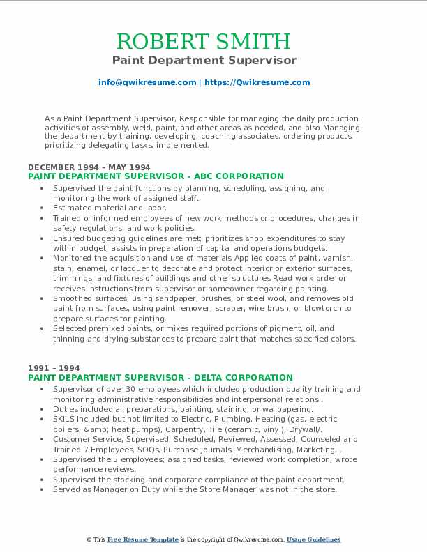 Paint Department Supervisor Resume Samples QwikResume