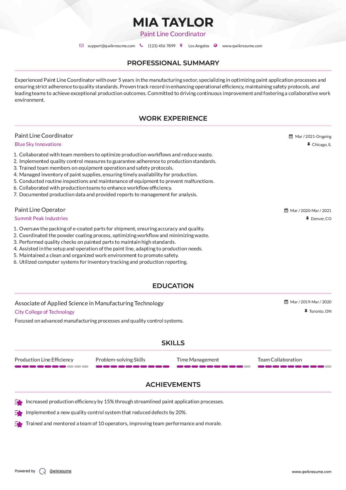 Paint Line Operator Resume Samples QwikResume