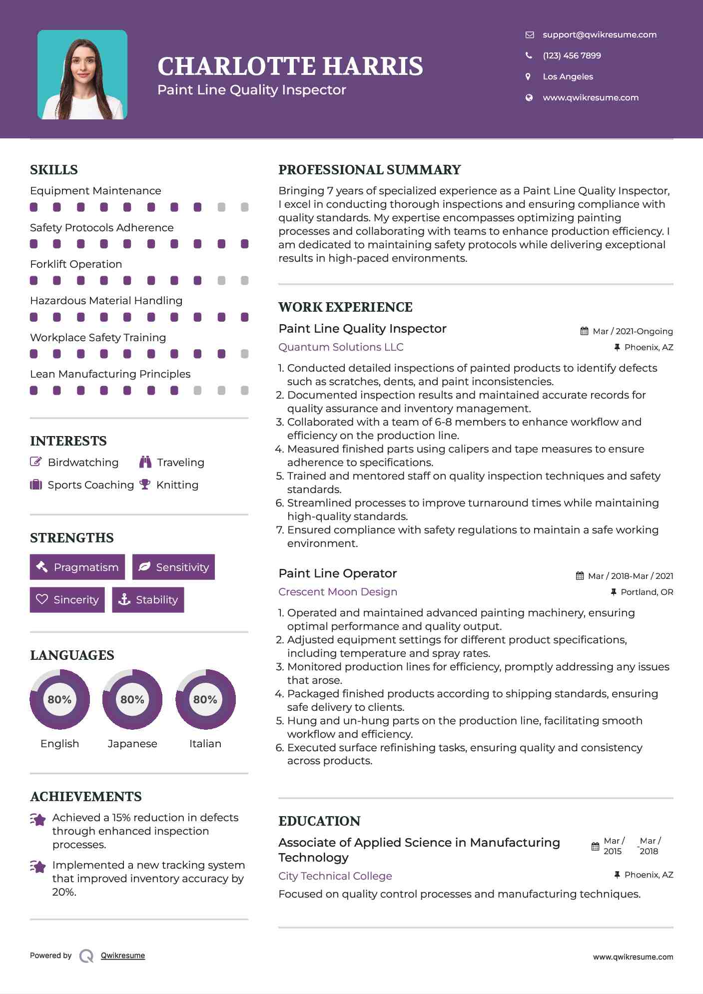 Paint Line Quality Inspector Resume Template
