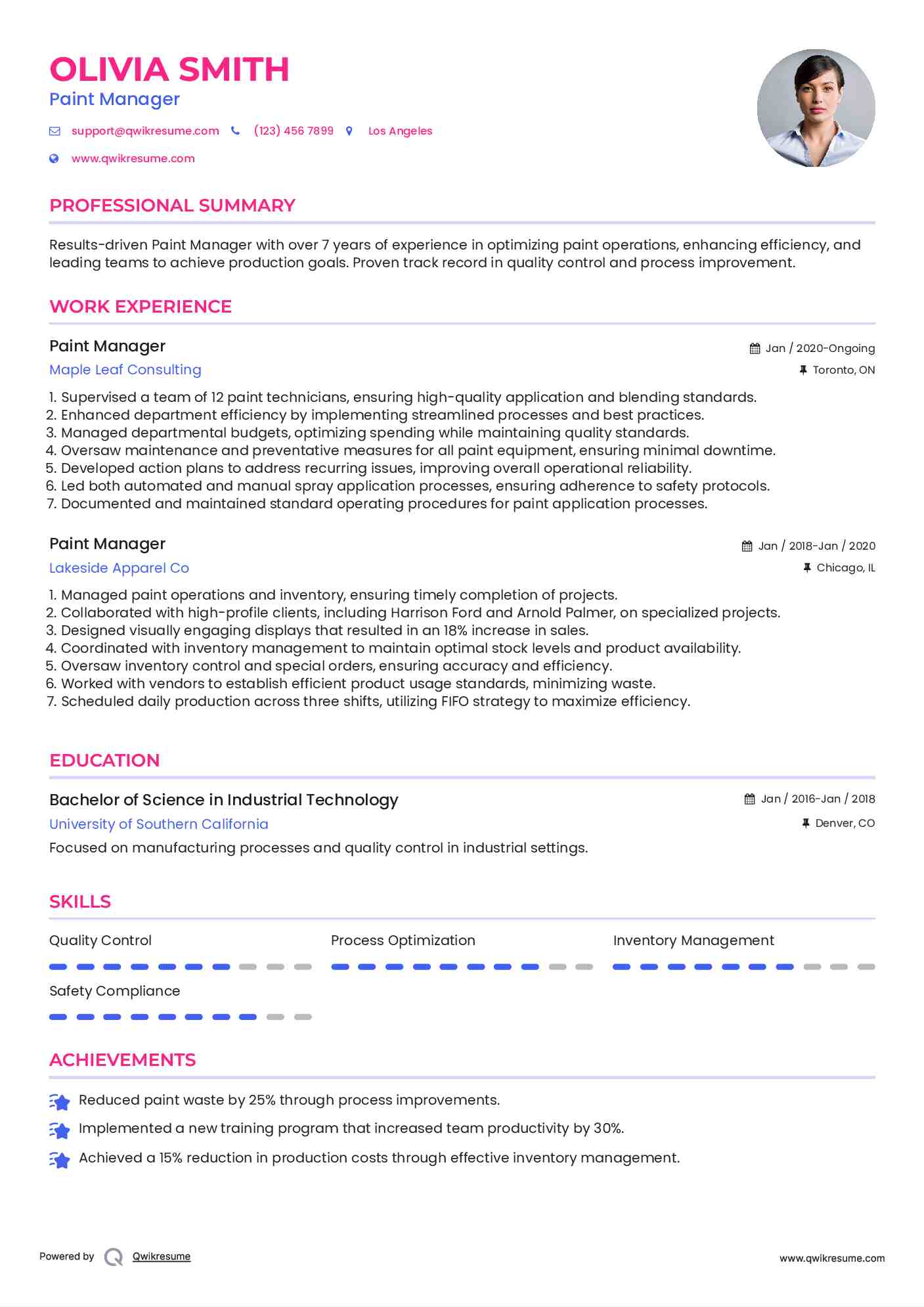 Paint Manager Resume Samples QwikResume