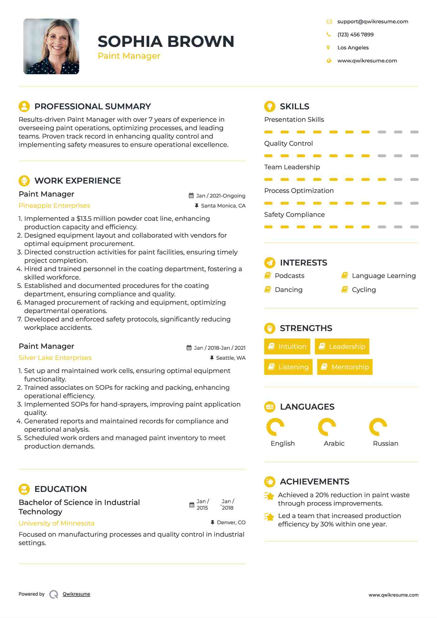 Paint Manager Resume Samples QwikResume