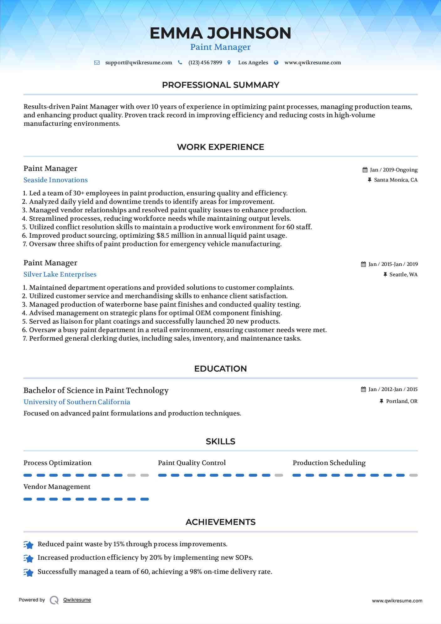 Paint Manager Resume Samples QwikResume