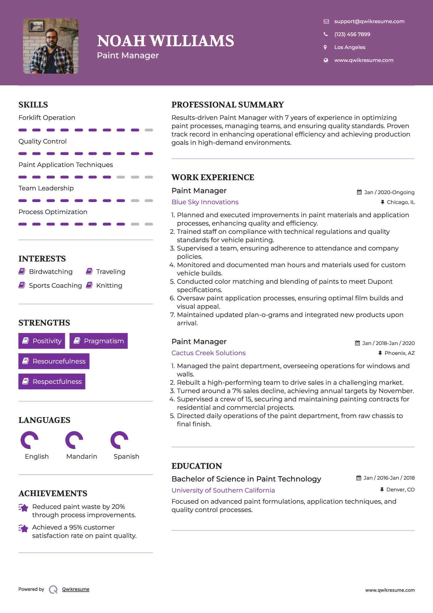 Paint Manager Resume Samples QwikResume